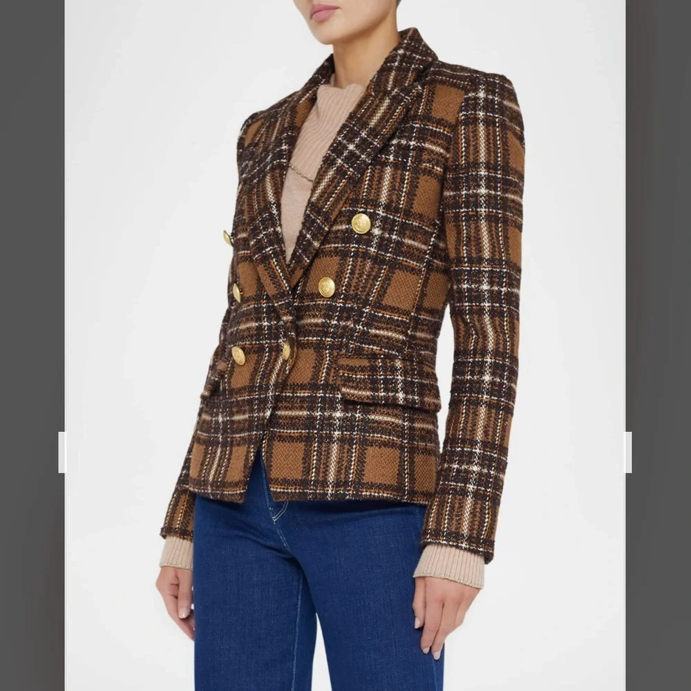 L'AGENCE Kenzie Plaid Tweed Double-Breasted Blazer in Brown / Gold Size 6 - Picture 4 of 15